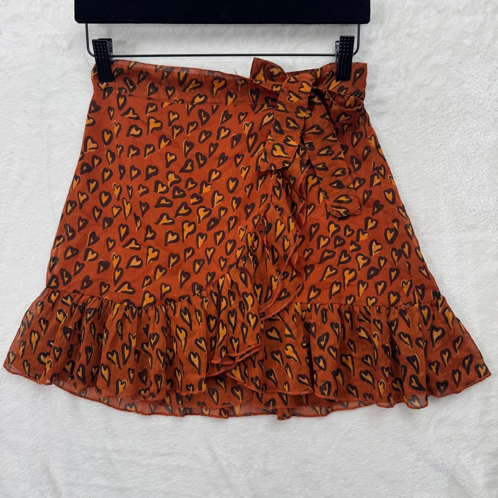 Urban Outfitters Mini Skirt Womens XS Rust‎ Orange Heart Print Wrap Ruffle Boho